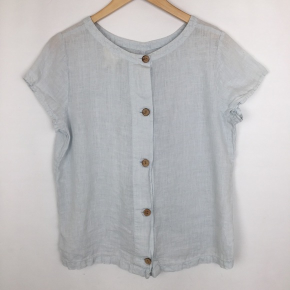 C & C California 100% Linen Blue Boxy Top Button Back Short Sleeve Women’s Sz M - Picture 10 of 11